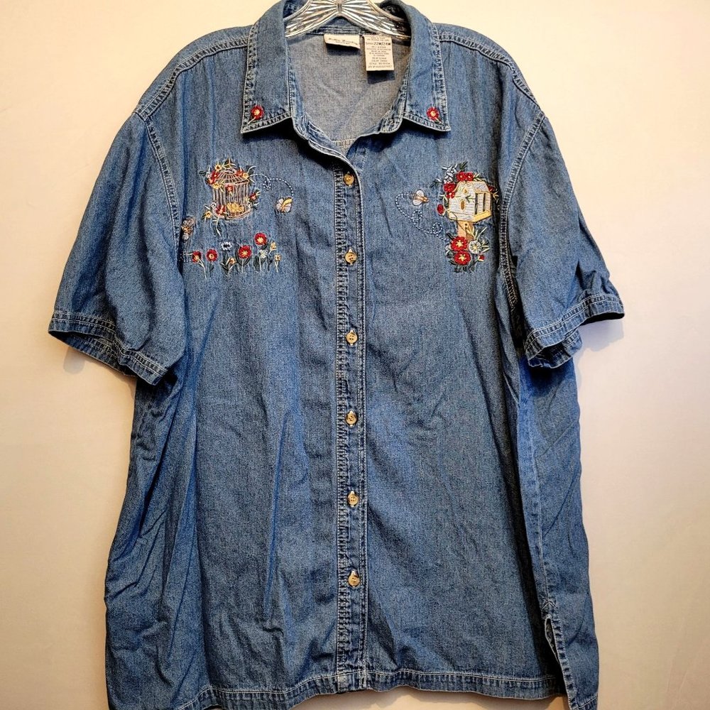 Vintage Bobbie Brooks Woman Denim Shirt Embroidered Plus Size 22W 24W